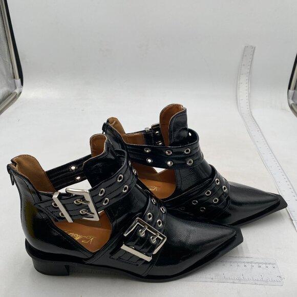 FOWT Black Pointed Toe Chelsea Chunky Heel Ankle Boot Hollow Cut Strappy Shoes - Picture 4 of 8